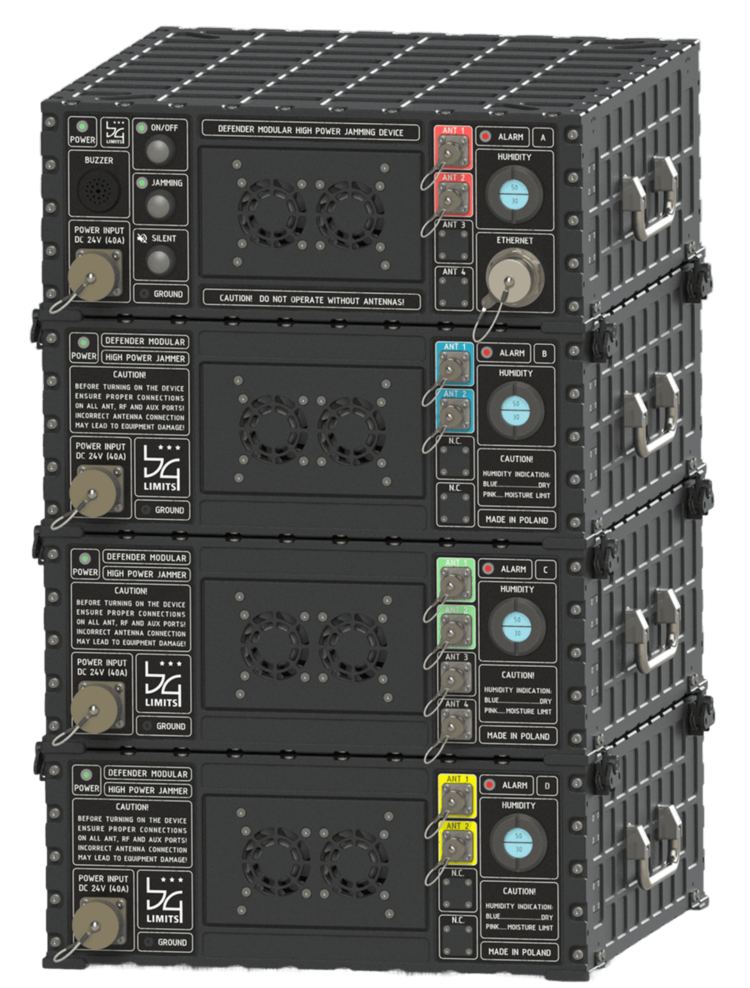 Defender WB6600M4G modular jammer — four-module wideband counter-UAS configuration